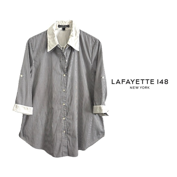 LAFAYETTE 148 NEW YORK GRAY WHITE STRIPED DOUBLE LAYER BUTTON DOWN TOP SHIRT M - Picture 2 of 5